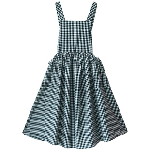 现货【慵懒想】方格子背带连衣裙浪漫亚麻长裙女夏季后腰系带裙子