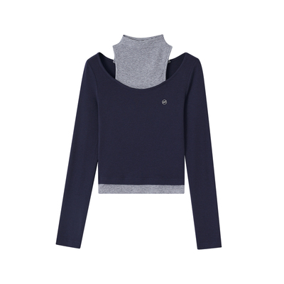 ACMEAURA长袖上衣女藏蓝色假两件上衣女2025新款巨好看的早秋上衣