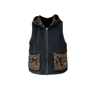 复古印花连帽牛仔马甲女短款显瘦