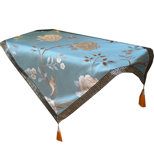 蓝色床头柜桌布中式正方形布艺冰箱盖布餐桌布圆桌布茶几防尘盖巾