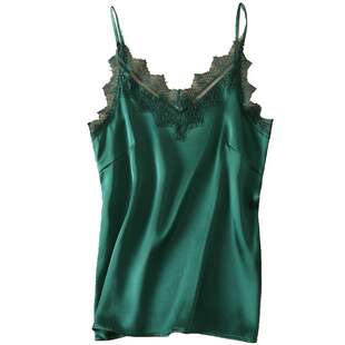 天然桑蚕丝睫毛蕾丝V领打底吊带背心真丝上衣西装内搭宽松短衫女