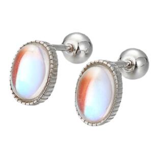 s925纯银针幻彩月光石耳钉女睡觉不用摘拧螺丝扣光珠螺纹蛋形耳饰