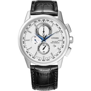 西铁城官方旗舰店正品光动能电波表时尚潮流小蓝针皮带男表AT8110