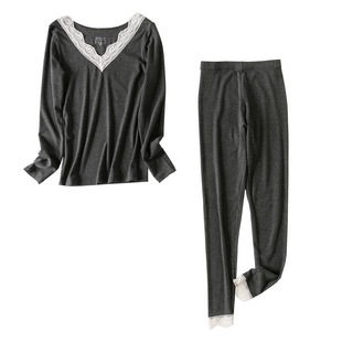 妃子纪8130性感蕾丝边V领秋衣秋裤秋冬发热保暖内衣修身打底套装