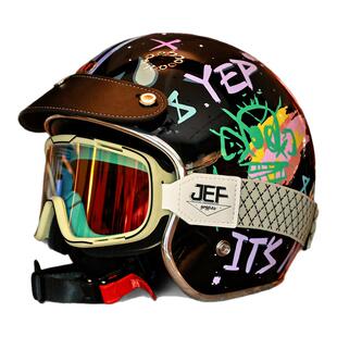 台湾JEF复古头盔半盔3C涂鸦高颜值轻便四季通用摩托车四分之三盔