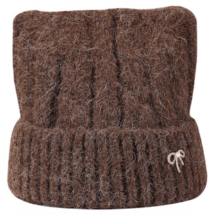 韩版可爱猫耳朵粗毛线帽子女蝴蝶结钻标针织帽加厚保暖宽松套头帽