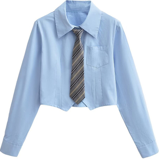 棉洋 学院风短款高腰显瘦衬衫女 高校学姐辣妹领带不规则下摆衬衣