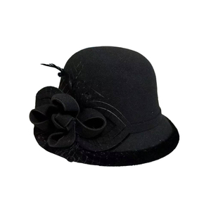 法式赫本风黑色毛呢礼帽优雅高级感网纱花朵盆帽保暖圆顶渔夫帽女