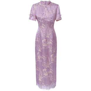 2026夏季新款新中式国风立领提花短袖收腰直筒开衩提花旗袍连衣裙