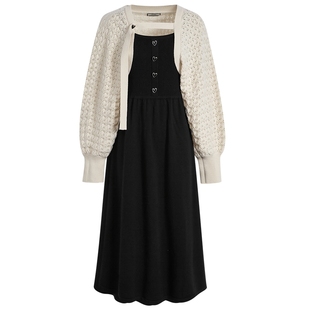 阔色黑色吊带连衣裙两件套装针织开衫女2025早秋季新款长裙子冬