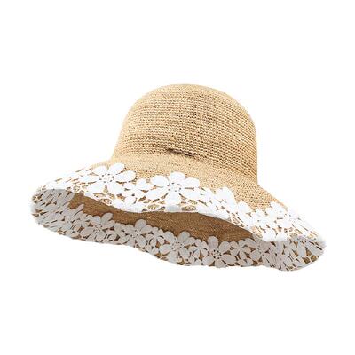 ROUIIEFAO草帽蕾丝花朵大帽檐