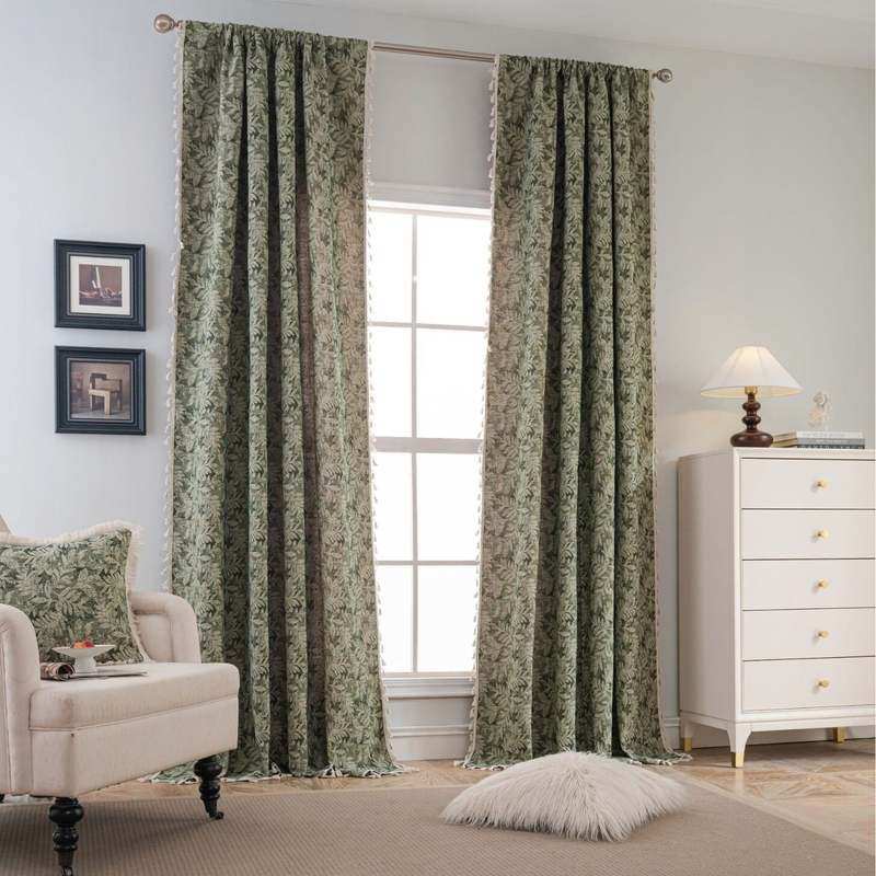 现货批发法式成品窗帘绿色卧室窗帘遮光儿童房客厅树叶隔热提花全