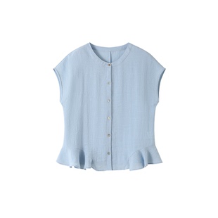 XWI欣未仿麻荷叶边下摆衬衫女2026夏季优雅松弛遮肉显瘦小衫上衣