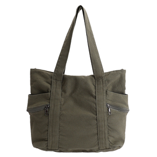 军绿色帆布托特包女大容量布袋妈咪包休闲多口袋单肩包通勤手提包