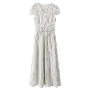 【清仓秒杀】夏韩系气质裙子小个子小众刺绣杏色条纹短袖连衣裙女