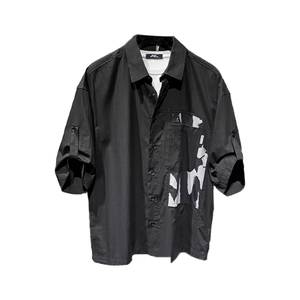 休闲港风痞帅男士短袖衬衫2024夏季新款撞色小众设计发型师衬衣潮