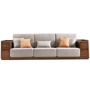 华日家居新中式实木布艺沙发乌金木三人现代中式客厅简约家具