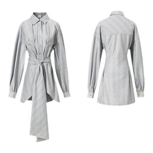 CEMT买手店 CONEMOTING灰色衬衫女竖条纹绑带长袖上衣秋款连衣裙