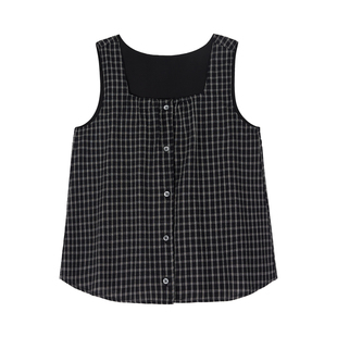 「MISAZ」精灵少女 简约无袖上衣 小清新夏季格子纽扣方领背心
