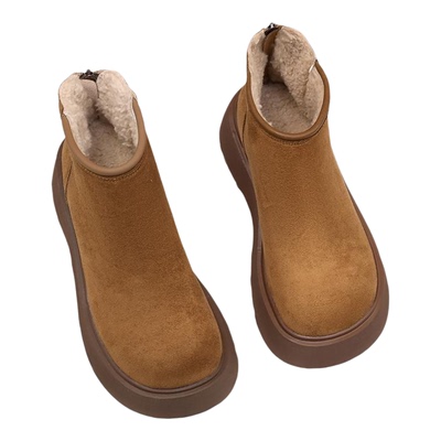 品牌厚底磨砂短靴女2025冬季软底后拉链小个子大头加绒勃肯棉鞋