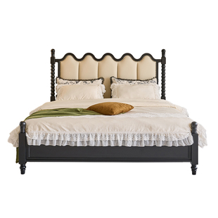 中古风床复古实木双人主卧真皮大床1米8小户型美式高箱储物法式床