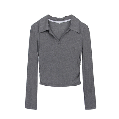 polo短款松紧起皱修身长袖