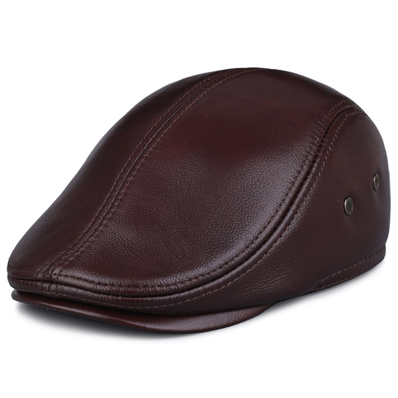 男士牛皮鸭舌帽男款中老年人真皮冬天皮帽护耳老人休闲法兰绒帽子