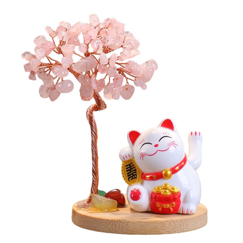 招财猫水晶发财树摆件工位装饰品