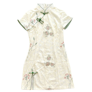 旗袍女小个子改良版2026年夏季新款蕾丝刺绣弹力短袖侧开叉显腿长