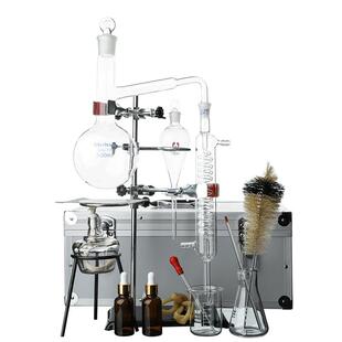 新款蒸馏装置全玻蒸馏器精油萃取装置蒸馏水提纯提炼精油蒸馏器蛇形蒸馏冷凝管家用化学实验器材蒸馏套装烧瓶