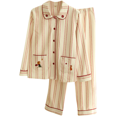 秋冬新款纯棉磨毛绒布女士睡衣卡通刺绣长袖套装全棉可外穿家居服