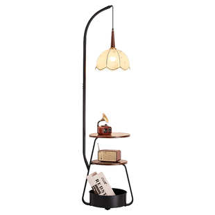 中古风落地灯客厅沙发旁置物架氛围灯美式复古床头柜一体充电台灯