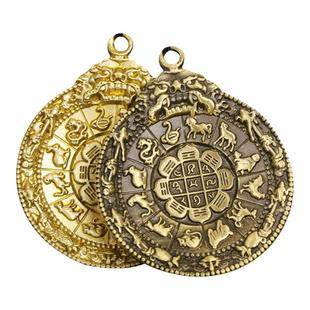 黄铜精工西藏莲师文殊生肖九宫八卦牌嗡字密宗护身念珠吊坠腰牌