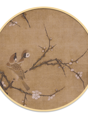 实木新中式风圆形复古花鸟挂画