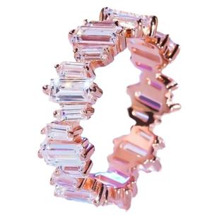 纯18k玫瑰金进口D色莫桑石阶梯戒指简约纯银镶钻18k黄金食指排戒