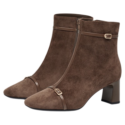 蹀愫25年冬秋冬新款加绒羊绒时装靴方头增高6短靴TA65706-11