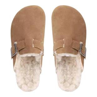 三喜同款勃肯鞋真皮一脚蹬保暖毛毛拖鞋女外穿冬包头半拖鞋博肯鞋