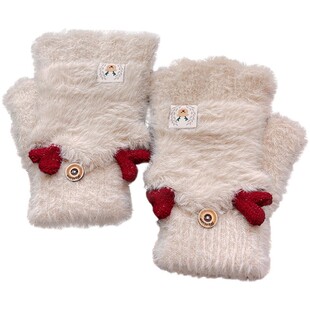 圣诞节小鹿鹿角半指手套冬季女可爱加厚针织保暖学生上课两用手套