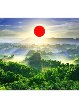 绿色日出靠山树木中式风客厅墙贴