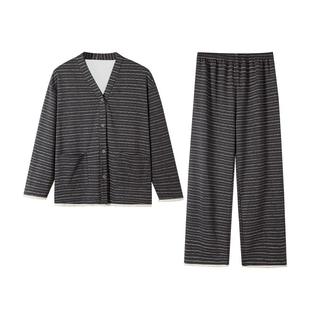 可人儿睡衣女春秋季长袖爆款2025新款V领大码条纹宽松家居服套装