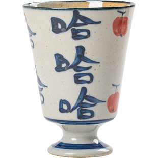 景德镇复古手作手绘粗陶青花哈哈陶瓷高脚杯马克杯手握茶杯主人杯