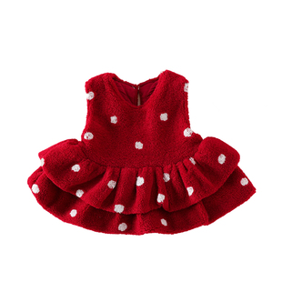 女童冬装加绒加厚背心裙2025新款女宝冬季红色喜庆连衣裙周岁礼服