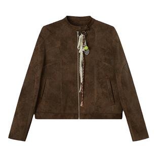 DIDDIMODA甜酷风撞色机车版型夹克压线拼接皮衣外套女高级感