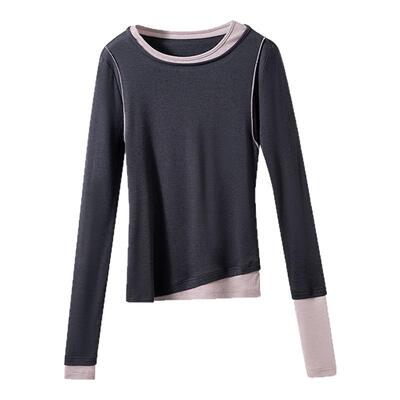 不对称撞色拼接针织打底衫上衣