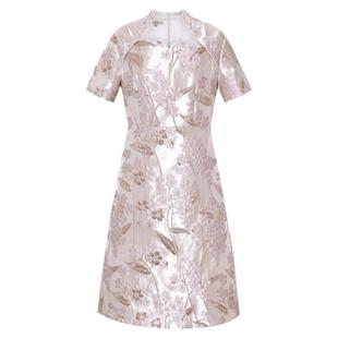 粉蓝衣橱2025秋装新款东方感典雅浮雕提花礼服裙女宋式短袖连衣裙