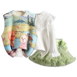 公主风女童三件套2025春装新款女宝宝马甲背心tutu裙子套装春秋装