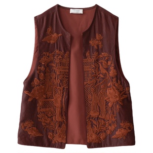 SILVIYE/溯也刺绣香云纱红云纱真丝马甲桑蚕丝圆领背心国风上衣春