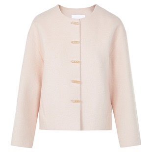 朗姿纯羊毛圆领新中式短款毛呢外套国风设计感上衣2025年冬季新款