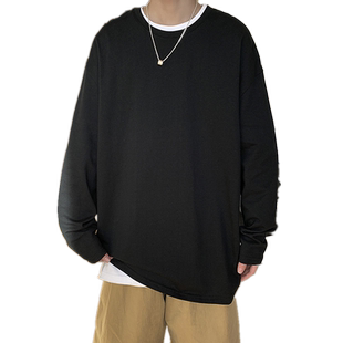 美式320g重磅长袖t恤男宽松新疆纯棉卫衣三本针圆领纯白色打底衫