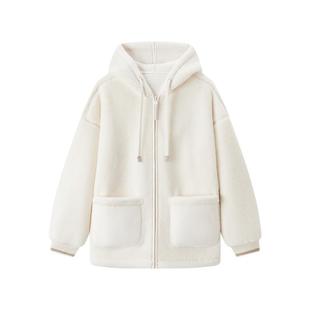 森马外套女仿摇粒绒初冬黑色连帽羊羔绒宽松2024冬新款厚外套夹克